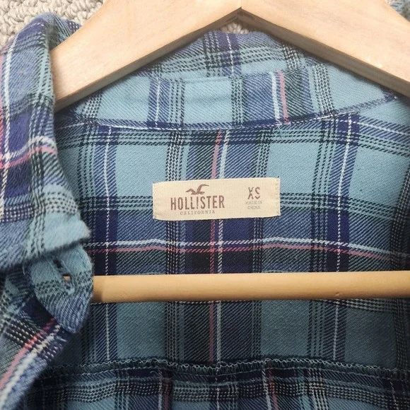 HOLLISTER Women's  Blue Green Plaid Long Sleeve 3/4 Button Down Shirt Size XS - Picture 3 of 6